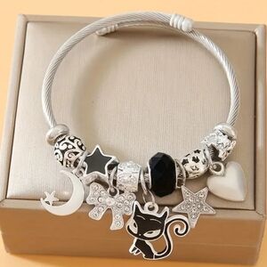 Silver Charm Bracelet with Cat